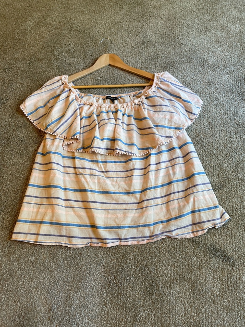 Lane Bryant Beige Off-Shoulder Striped Ruffle Top Size 14/16 lightweight Boho - Picture 8 of 10